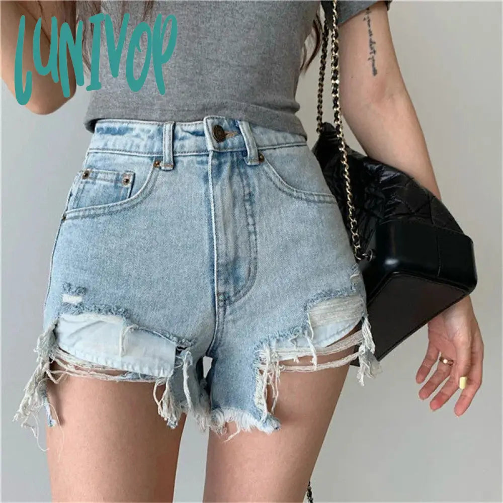 Lunivop Hole Denim Shorts Women Y2K Frayed Tassel Jean Summer Streetwear Korean High Waist Slit