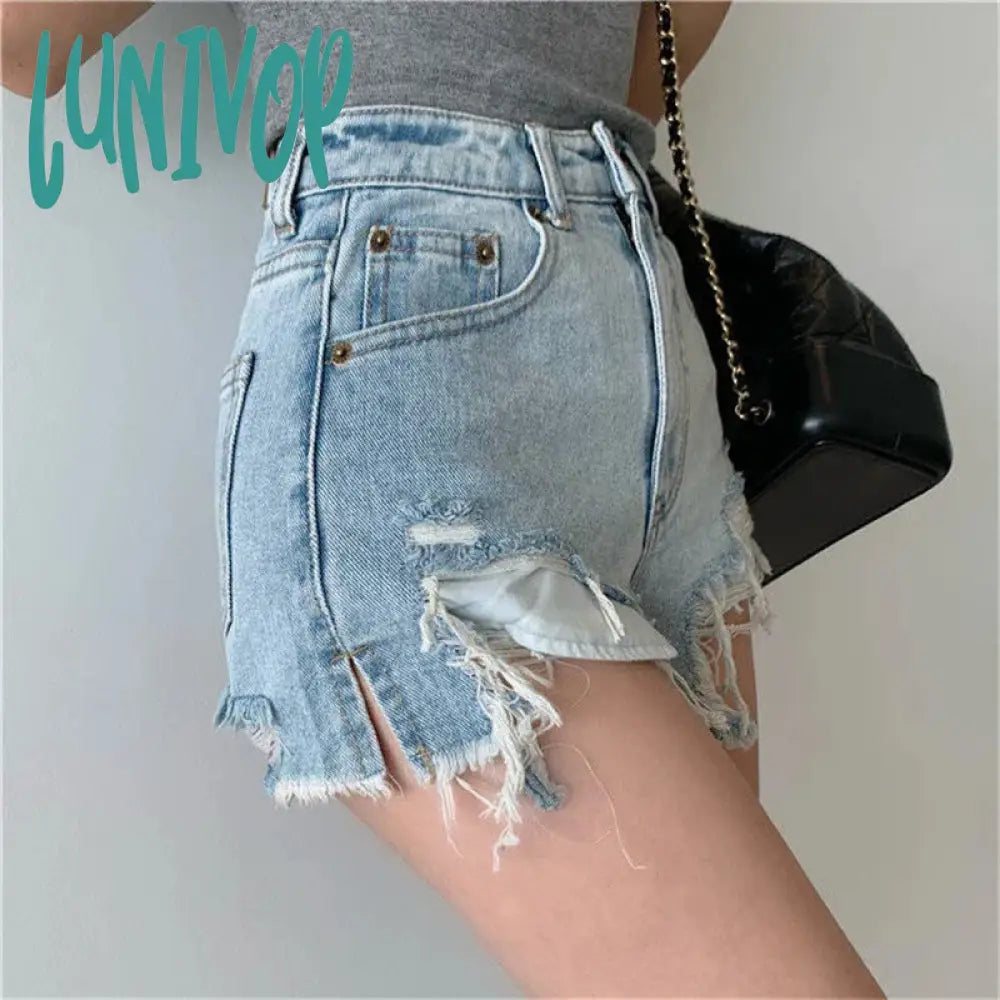 Lunivop Hole Denim Shorts Women Y2K Frayed Tassel Jean Summer Streetwear Korean High Waist Slit