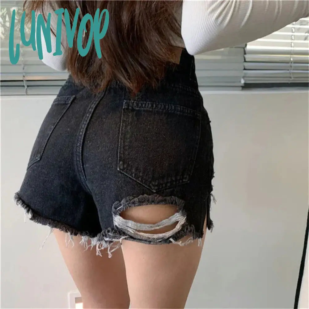 Lunivop Hole Denim Shorts Women Y2K Frayed Tassel Jean Summer Streetwear Korean High Waist Slit