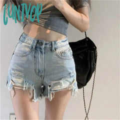 Lunivop Hole Denim Shorts Women Y2K Frayed Tassel Jean Summer Streetwear Korean High Waist Slit