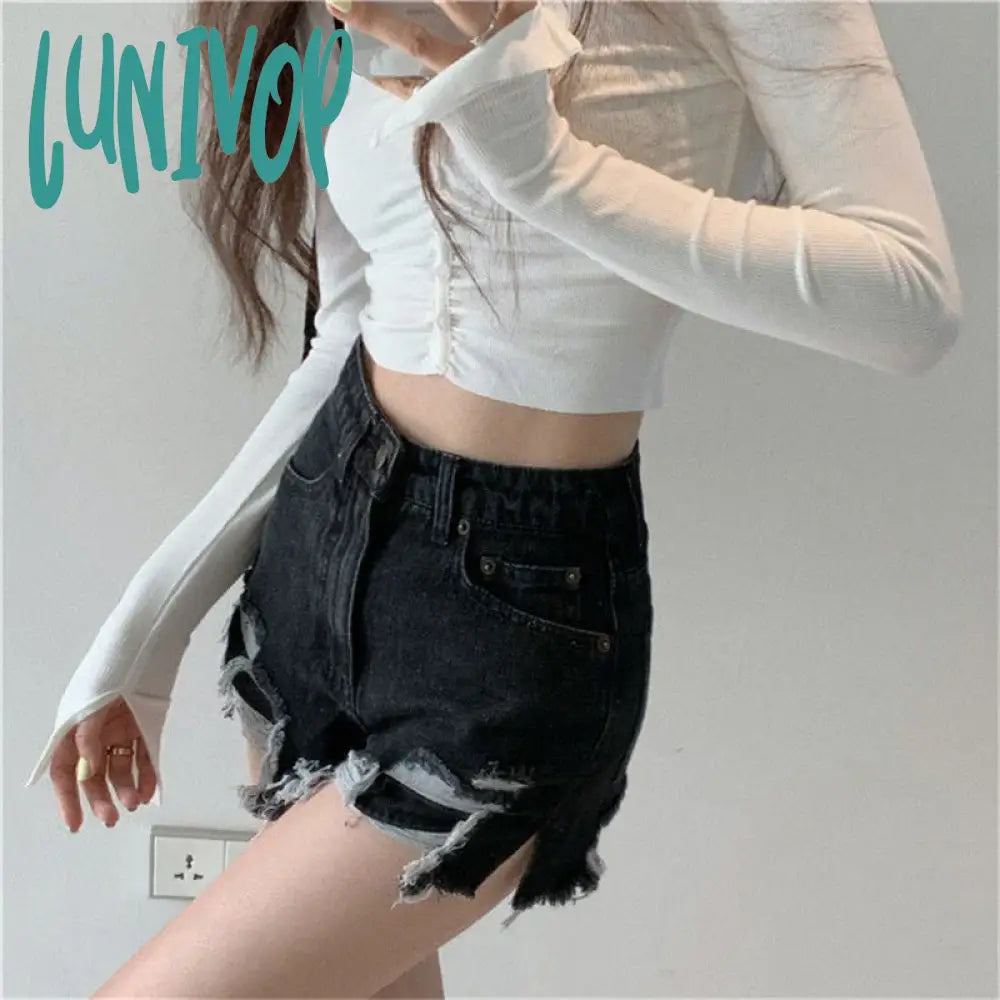 Lunivop Hole Denim Shorts Women Y2K Frayed Tassel Jean Summer Streetwear Korean High Waist Slit