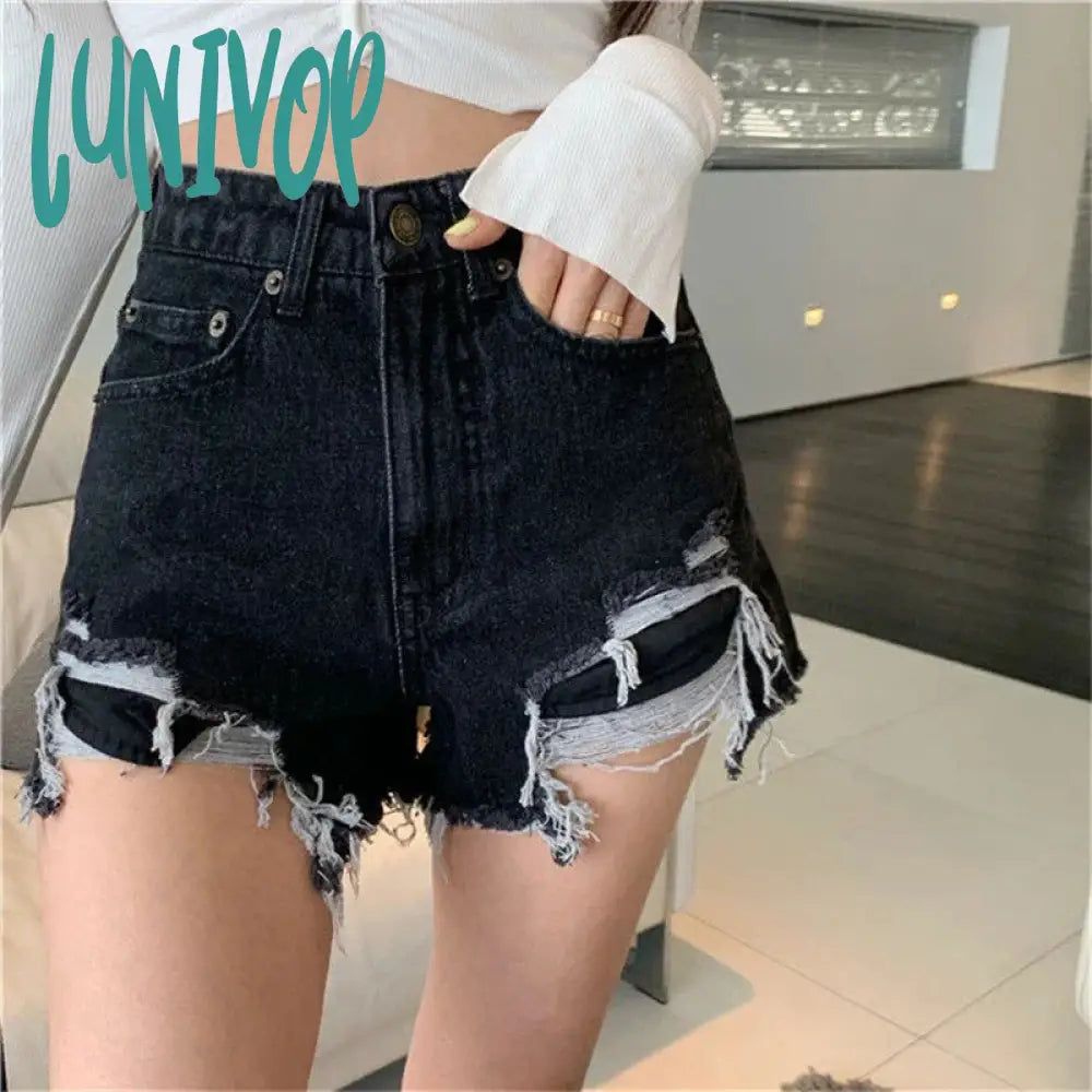 Lunivop Hole Denim Shorts Women Y2K Frayed Tassel Jean Summer Streetwear Korean High Waist Slit