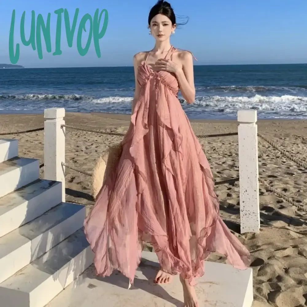 Lunivop Holiday Style Halter Backless Party Dress For Women Lavender Lolita Vacation Summer Fairy