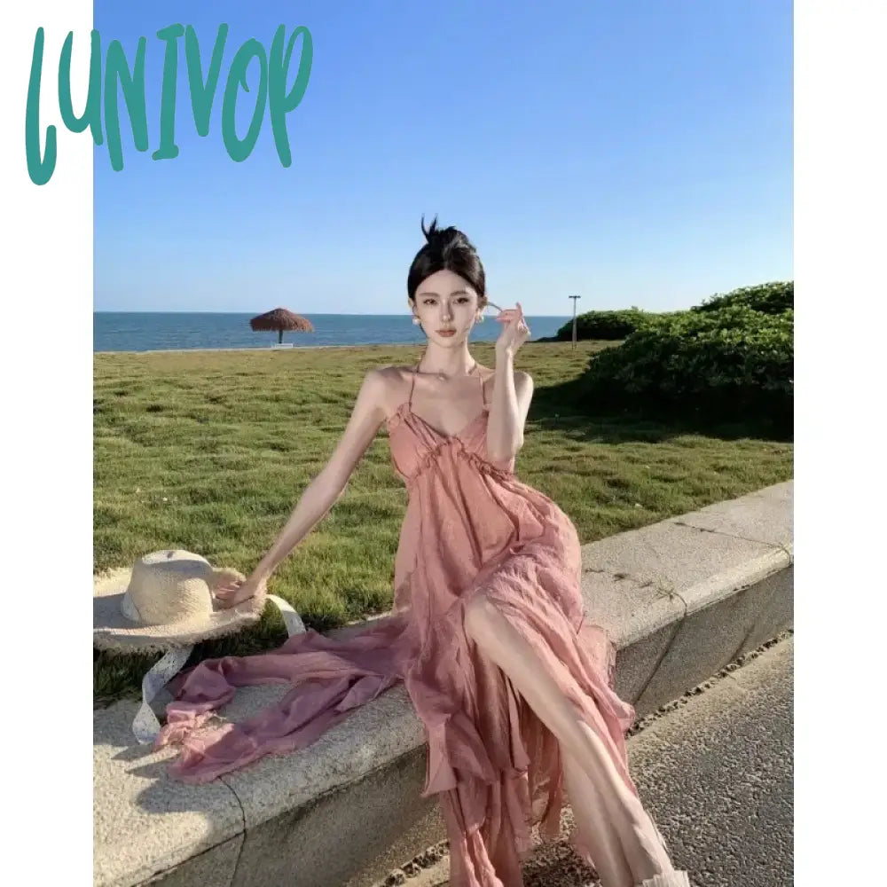 Lunivop Holiday Style Halter Backless Party Dress For Women Lavender Lolita Vacation Summer Fairy