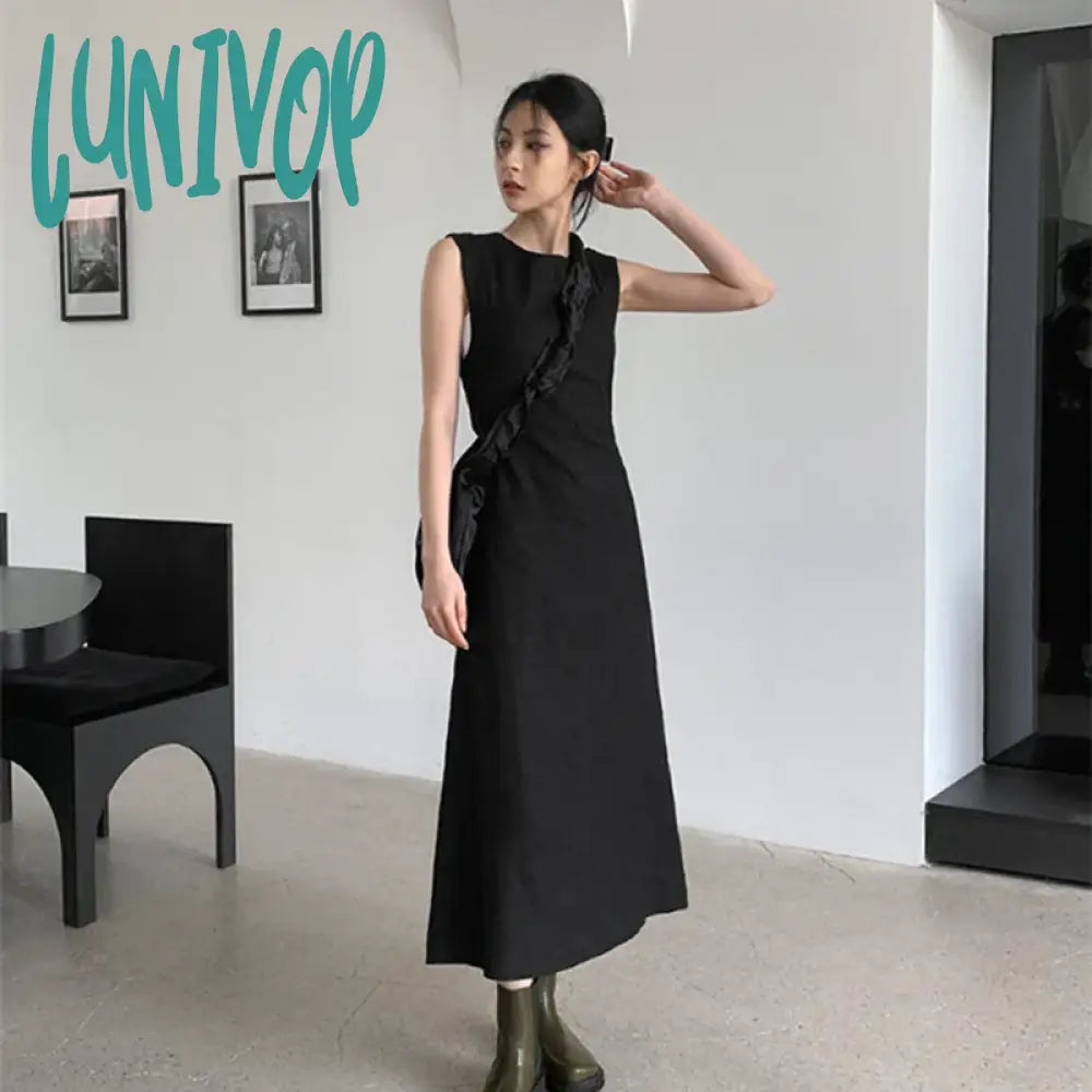 Lunivop Hollow Out Dress Women Elegant Solid Sleeveless A Line Midi Dresses Summer Korean