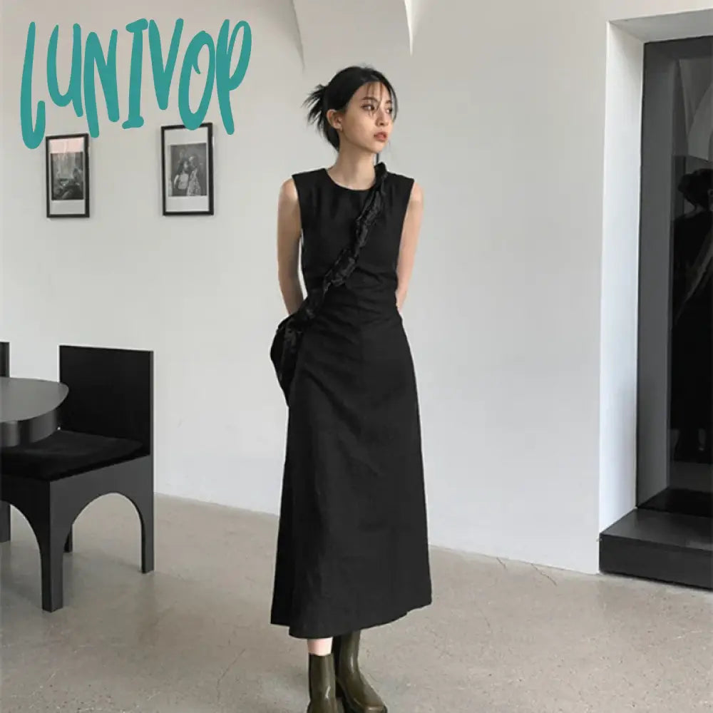 Lunivop Hollow Out Dress Women Elegant Solid Sleeveless A Line Midi Dresses Summer Korean