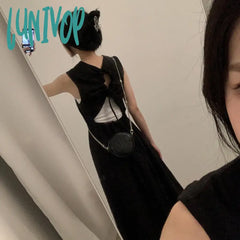 Lunivop Hollow Out Dress Women Elegant Solid Sleeveless A Line Midi Dresses Summer Korean