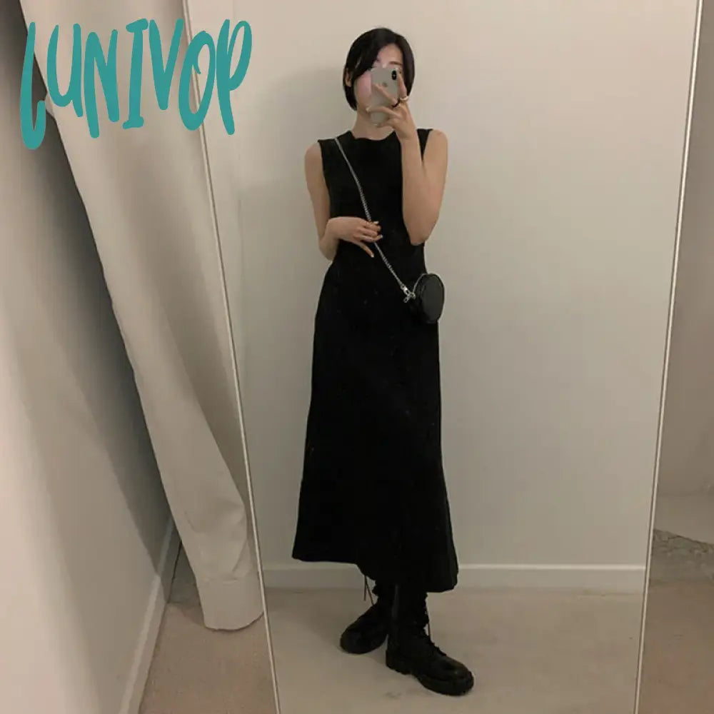 Lunivop Hollow Out Dress Women Elegant Solid Sleeveless A Line Midi Dresses Summer Korean