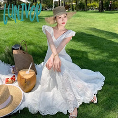 Lunivop Hollow Out Elegant Backless Midi Dresses With Bow Grunge Retro Women Summer Slim French