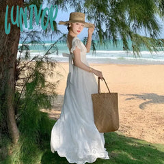 Lunivop Hollow Out Elegant Backless Midi Dresses With Bow Grunge Retro Women Summer Slim French