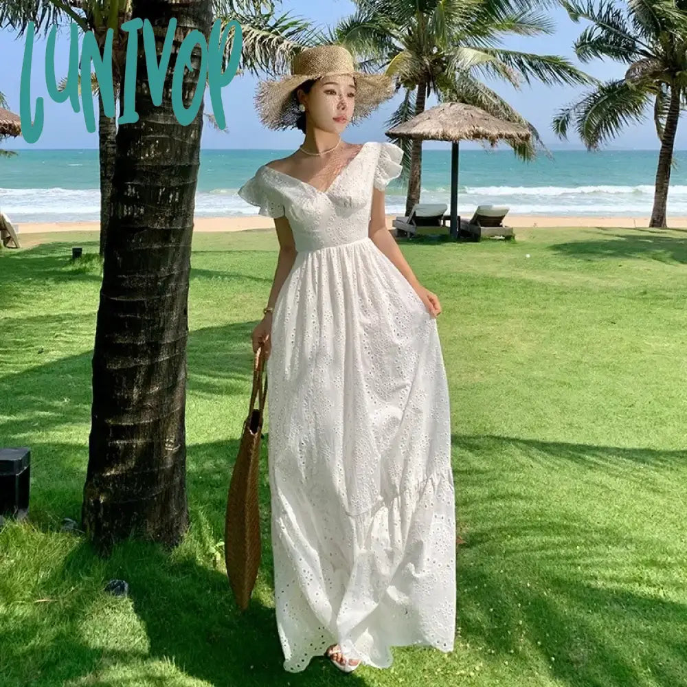Lunivop Hollow Out Elegant Backless Midi Dresses With Bow Grunge Retro Women Summer Slim French