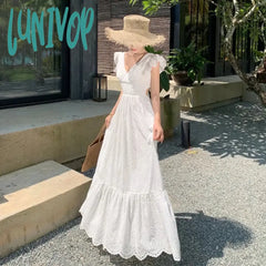 Lunivop Hollow Out Elegant Backless Midi Dresses With Bow Grunge Retro Women Summer Slim French