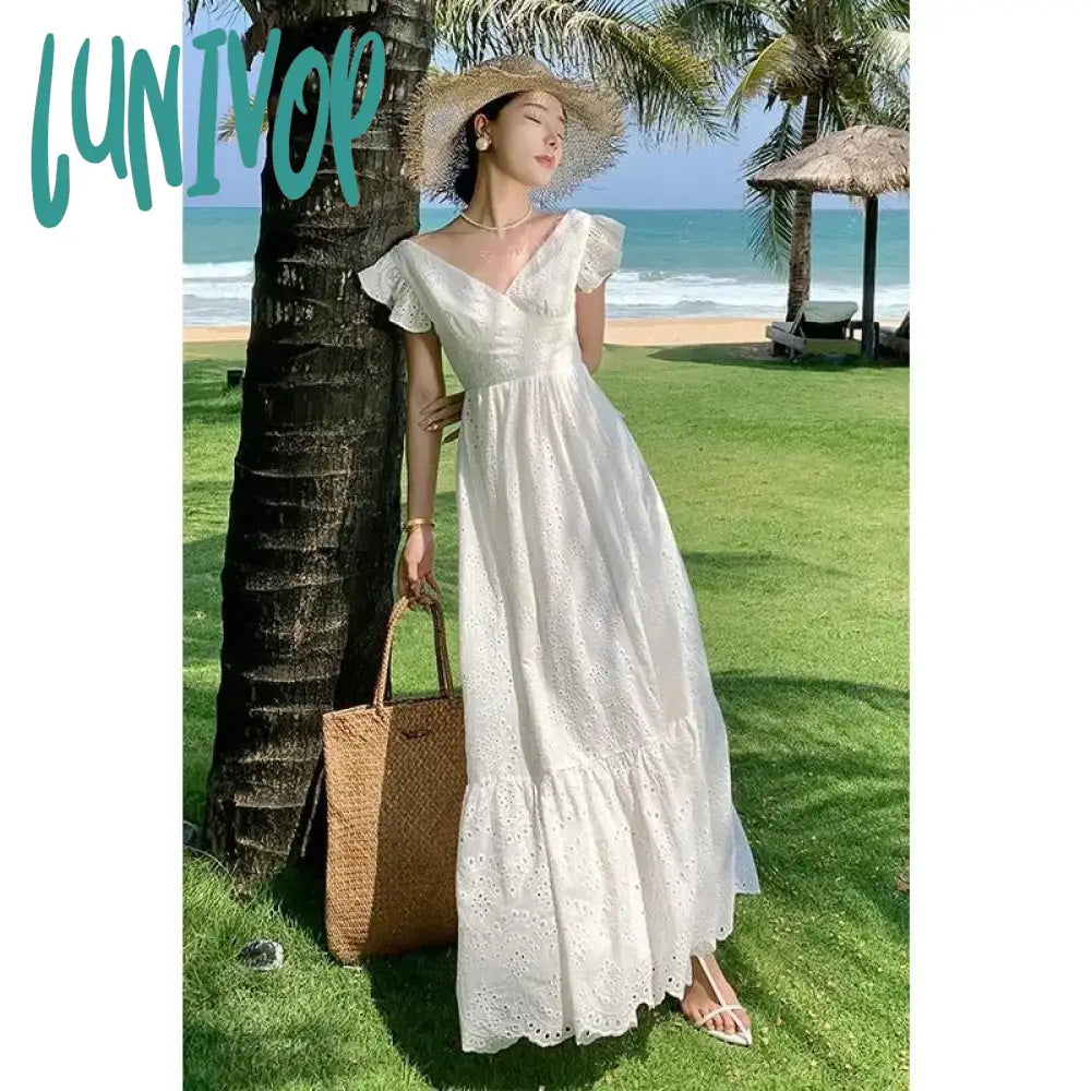 Lunivop Hollow Out Elegant Backless Midi Dresses With Bow Grunge Retro Women Summer Slim French
