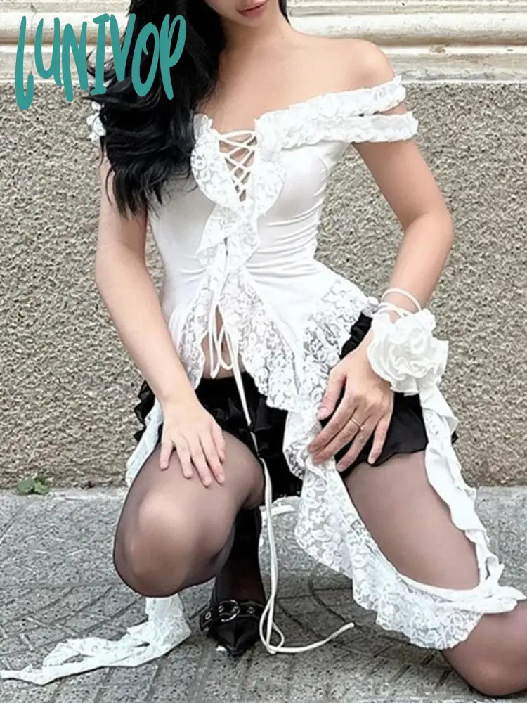Lunivop Hollow Out Lace Crop Top Women Sexy Off Shoulder Bodycon Bandage Slim Tank Tops Ladies 2024