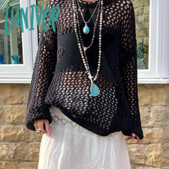 Lunivop Hollow Out Oversized Sweater Women 2024 New Solid Star See Through Knitted Pullover Womens