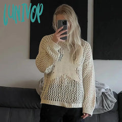 Lunivop Hollow Out Oversized Sweater Women 2024 New Solid Star See Through Knitted Pullover Womens