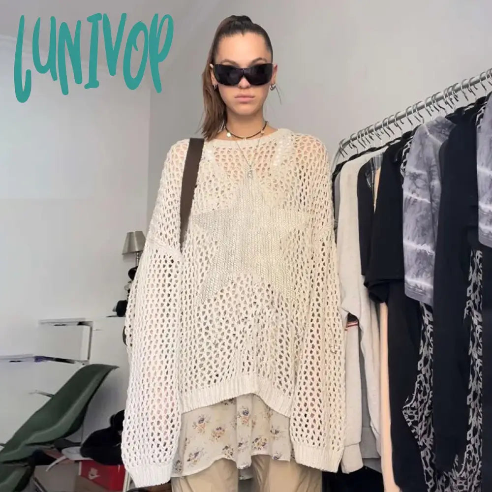 Lunivop Hollow Out Oversized Sweater Women 2024 New Solid Star See Through Knitted Pullover Womens