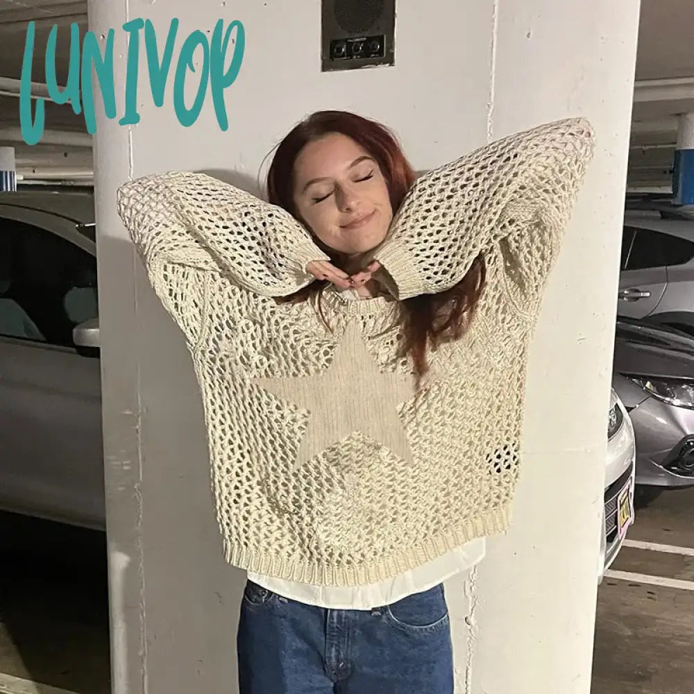 Lunivop Hollow Out Oversized Sweater Women 2024 New Solid Star See Through Knitted Pullover Womens