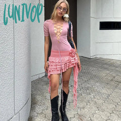 Lunivop Hot Girl Deep V-Neck Sexy Hollow Out Ruffled Dress For Women Floral Applique Lace Up