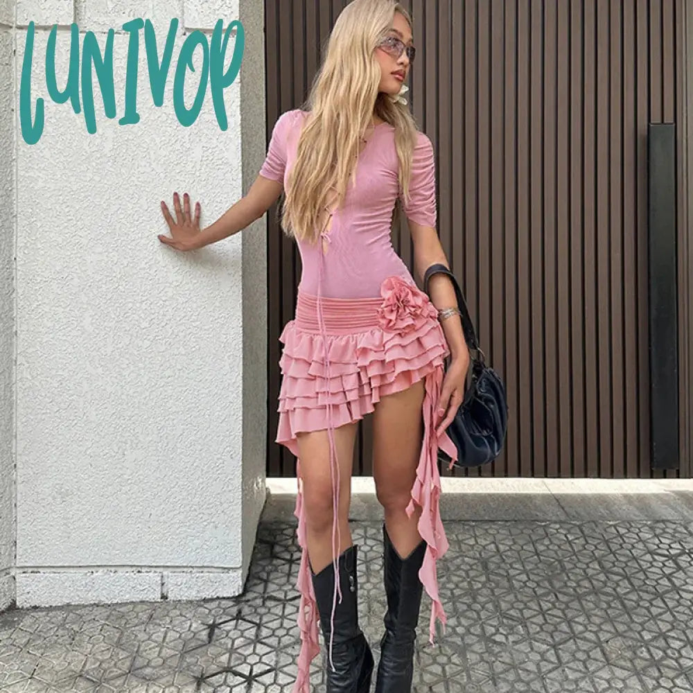 Lunivop Hot Girl Deep V-Neck Sexy Hollow Out Ruffled Dress For Women Floral Applique Lace Up