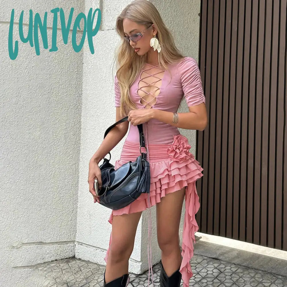 Lunivop Hot Girl Deep V-Neck Sexy Hollow Out Ruffled Dress For Women Floral Applique Lace Up