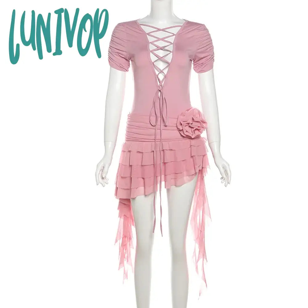 Lunivop Hot Girl Deep V-Neck Sexy Hollow Out Ruffled Dress For Women Floral Applique Lace Up