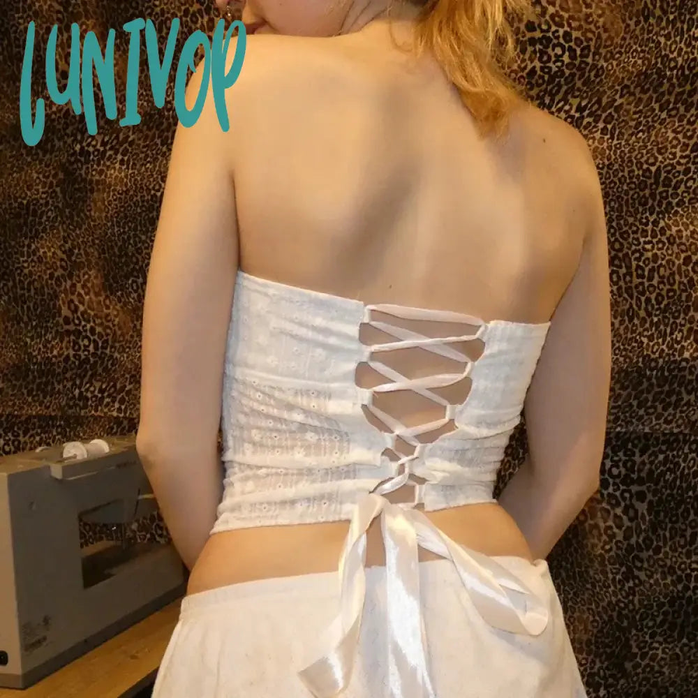 Lunivop Jacquard White Lace Trim Milkmaid Tops Backless Criss-Cross Tie Up Bandage Crop Top Y2K