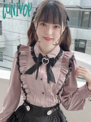 Lunivop Japanese Kawaii Blouse Lace Ruffle Shirt Women Y2K Pink Bow Tops Harajuku Cute Ladies Tops