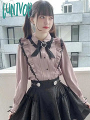 Lunivop Japanese Kawaii Blouse Lace Ruffle Shirt Women Y2K Pink Bow Tops Harajuku Cute Ladies Tops