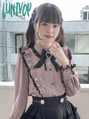 Lunivop Japanese Kawaii Blouse Lace Ruffle Shirt Women Y2K Pink Bow Tops Harajuku Cute Ladies Tops