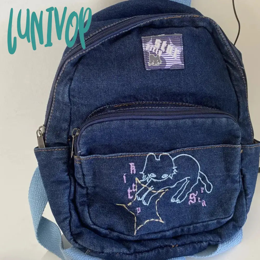 Lunivop Japanese Simple Kawaii Cat Backpack Denim Handbag Shoulder Bags Large Capacity Student