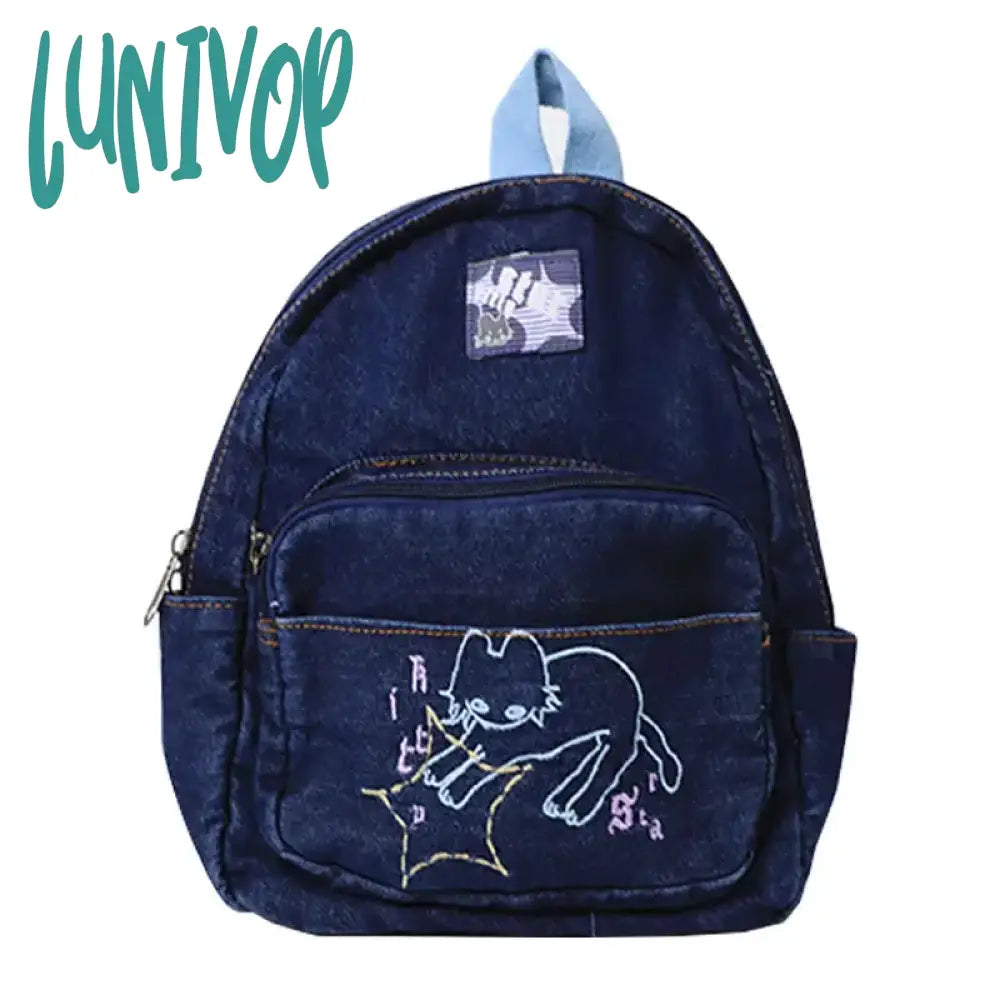 Lunivop Japanese Simple Kawaii Cat Backpack Denim Handbag Shoulder Bags Large Capacity Student