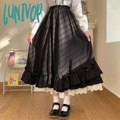 Lunivop Japanese Solid Color Double Layer Vintage French Ruffled A-Line Skirt Hepburn Style Black