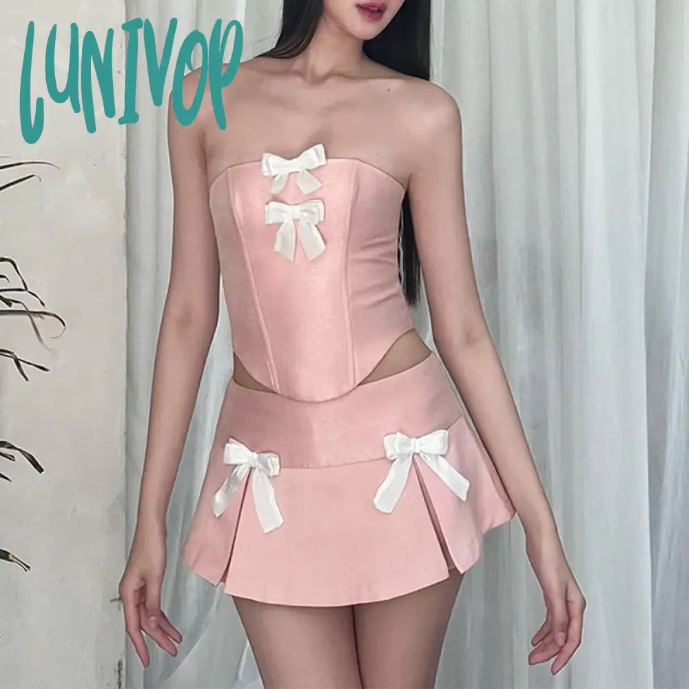 Lunivop Japanese Style Kawaii Bow 2 Piece Set Strapless Tube Tops + Mini Pleated Skirt Sexy