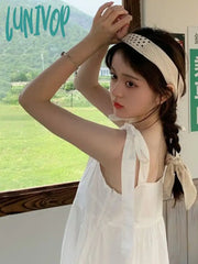 Lunivop Japanese Style Sweet White Dress Women Y2K Cute Lace Up Sleeveless Long Dresses Casual