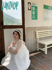 Lunivop Japanese Style Sweet White Dress Women Y2K Cute Lace Up Sleeveless Long Dresses Casual