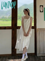 Lunivop Japanese Style Sweet White Dress Women Y2K Cute Lace Up Sleeveless Long Dresses Casual