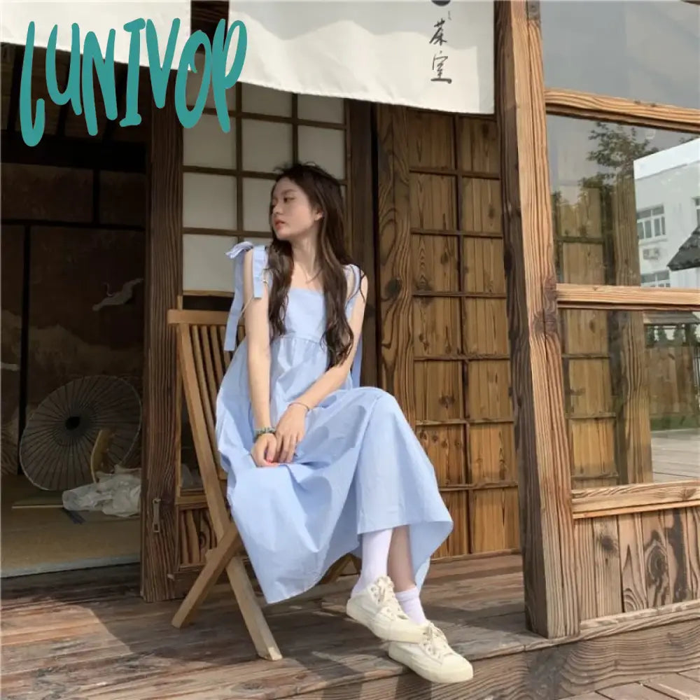 Lunivop Japanese Style Y2K Blue Slip Dress Women Fairycore Summer Vacation Dresses Cute Sweet Lace