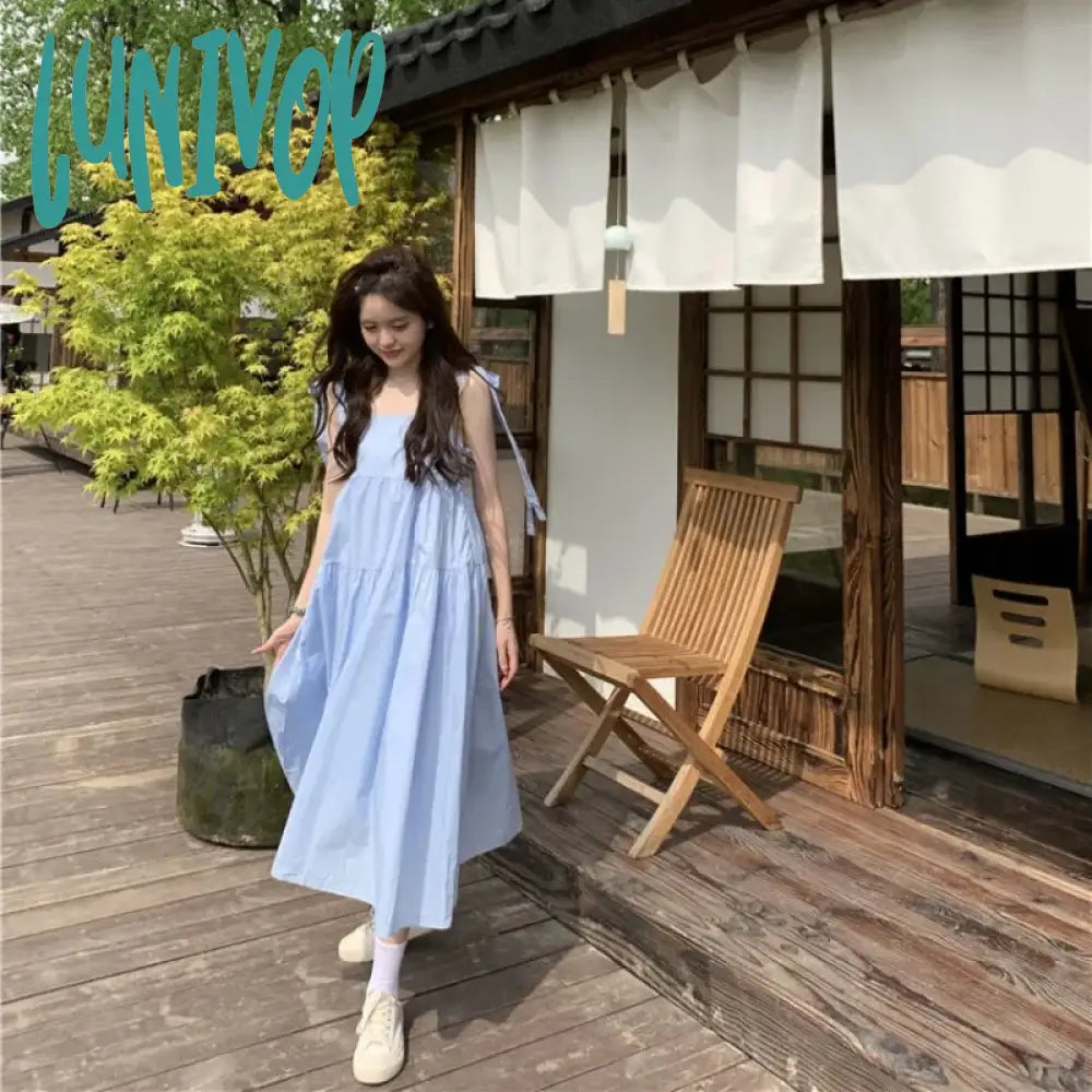 Lunivop Japanese Style Y2K Blue Slip Dress Women Fairycore Summer Vacation Dresses Cute Sweet Lace