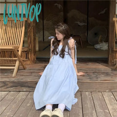 Lunivop Japanese Style Y2K Blue Slip Dress Women Fairycore Summer Vacation Dresses Cute Sweet Lace