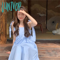 Lunivop Japanese Style Y2K Blue Slip Dress Women Fairycore Summer Vacation Dresses Cute Sweet Lace