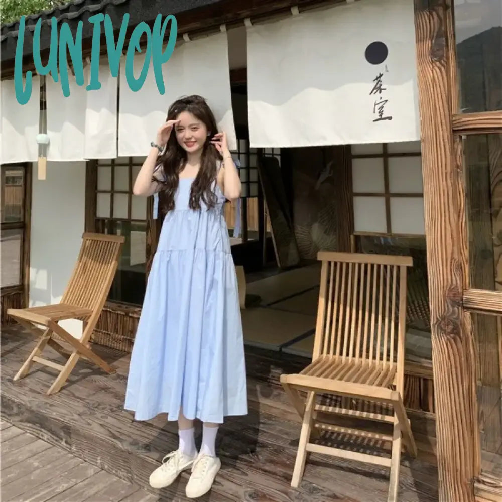 Lunivop Japanese Style Y2K Blue Slip Dress Women Fairycore Summer Vacation Dresses Cute Sweet Lace