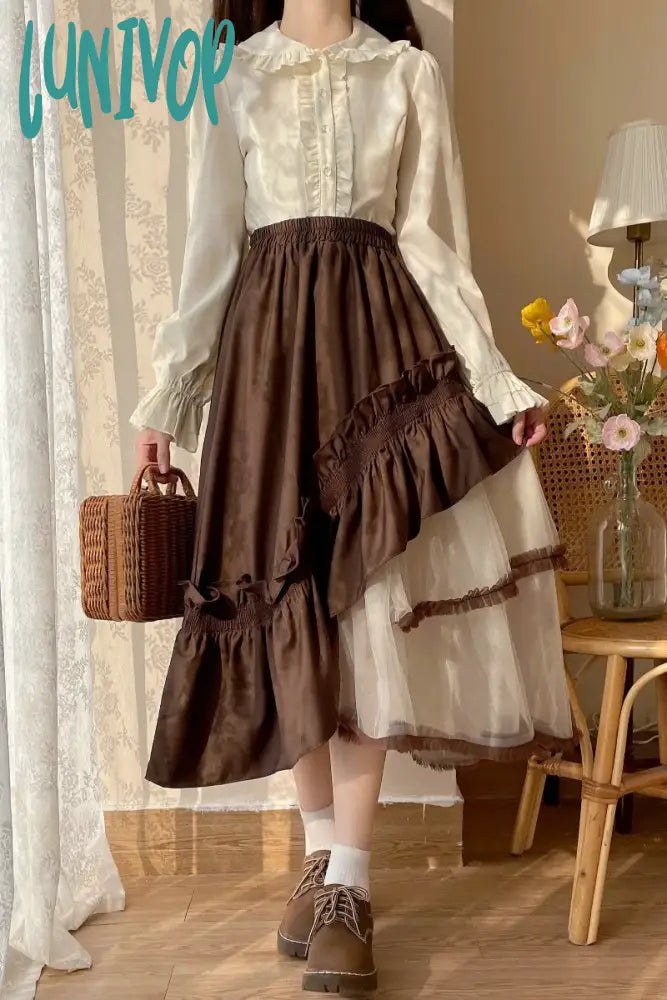 Lunivop Japanese Vintage Lolita Skirts Women Irregularity Mesh Patchwork Ruffles High Waist Long