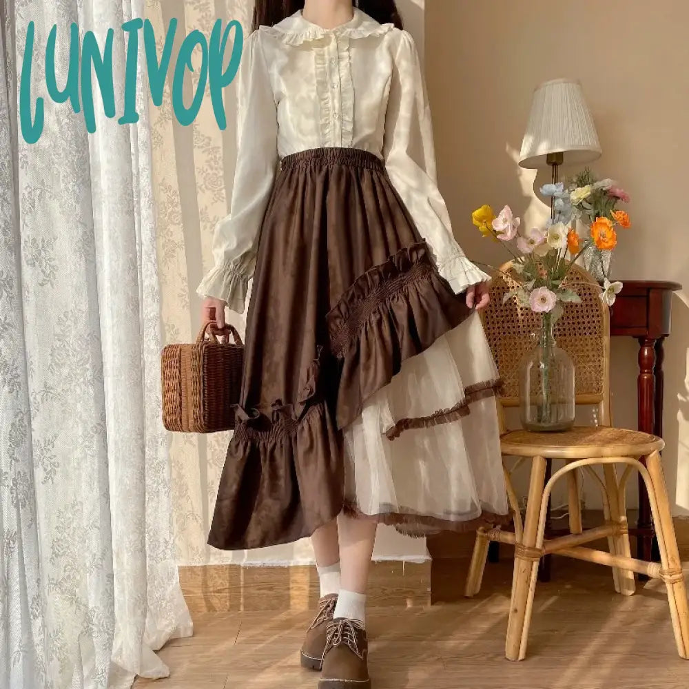 Lunivop Japanese Vintage Lolita Skirts Women Irregularity Mesh Patchwork Ruffles High Waist Long