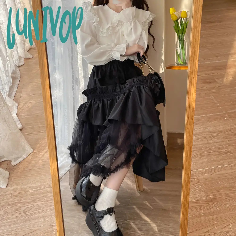 Lunivop Japanese Vintage Lolita Skirts Women Irregularity Mesh Patchwork Ruffles High Waist Long