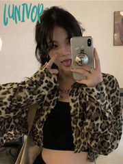 Lunivop Japanese Women Vintage Harajuku Cropped Coats Streetwear Leopard Turn Down Collar Cardigans