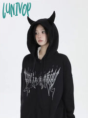 Lunivop Japanese Zip Up Devil Horns Hoodies Women Harajuku Punk Gothic Sweatshirt Fairy Grunge