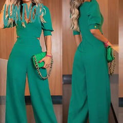 Lunivop Jumpsuit Bubble Short Sleeve V Neck Hollow Loose Wide Legs Casual Fashion Pants With