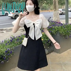 Lunivop Kawaii Bow Black Dress Japanese Lolita For Women Girl Party Birthday Mini Dresses Female