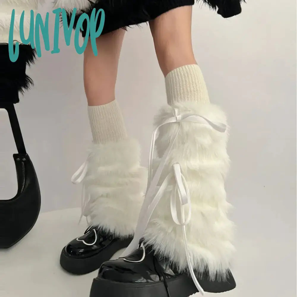 Lunivop Kawaii Bow Knot Leg Warmers Thickened Imitation Rabbit Fur Women Leggings Boots Cover